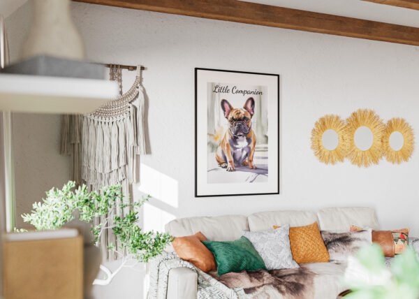 The "Confident Companion" French Bulldog portrait creating a sophisticated and calm focal point above a bed.