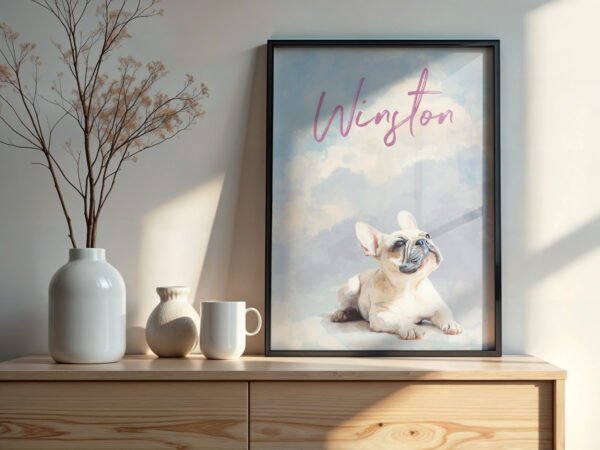 Uplifting "Head in the Clouds" dog painting creating a fun and positive vibe on table