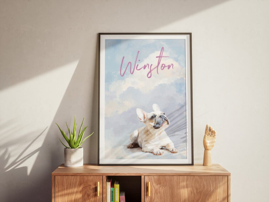 Head in the Clouds Happy French Bulldog Canvas Whimsical "Head in the Clouds" watercolor painting of a happy French Bulldog under a dreamy blue sky.